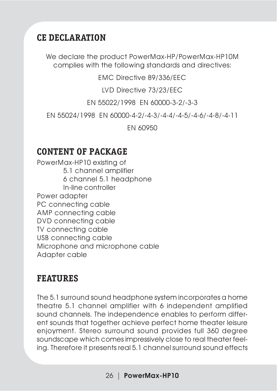 Ce declaration, Content of package, Features | Teac PowerMax-HP10 User Manual | Page 4 / 24