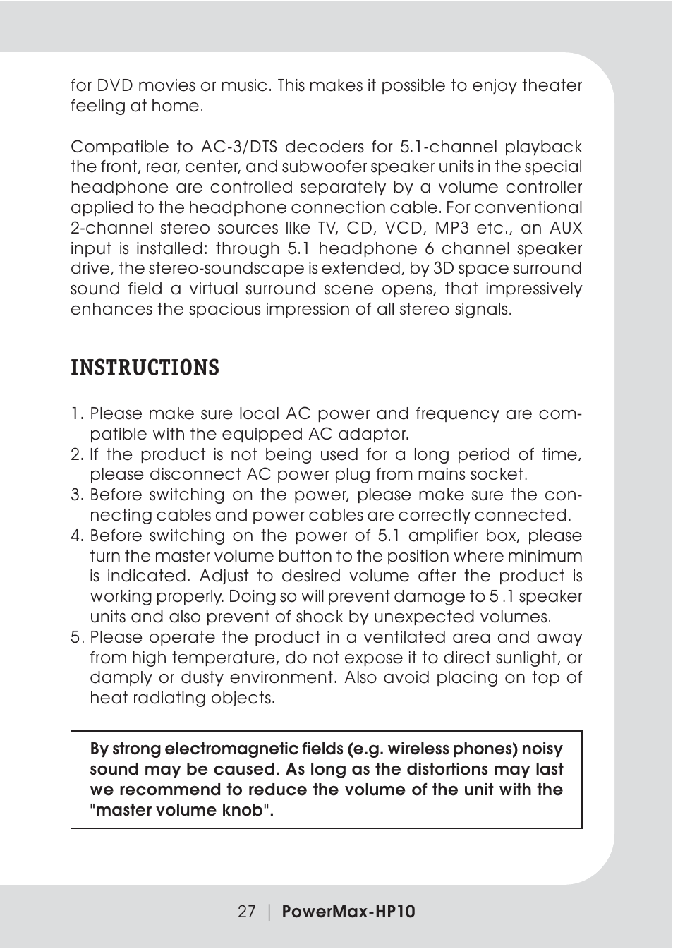 Instructions | Teac PowerMax-HP10 User Manual | Page 5 / 24