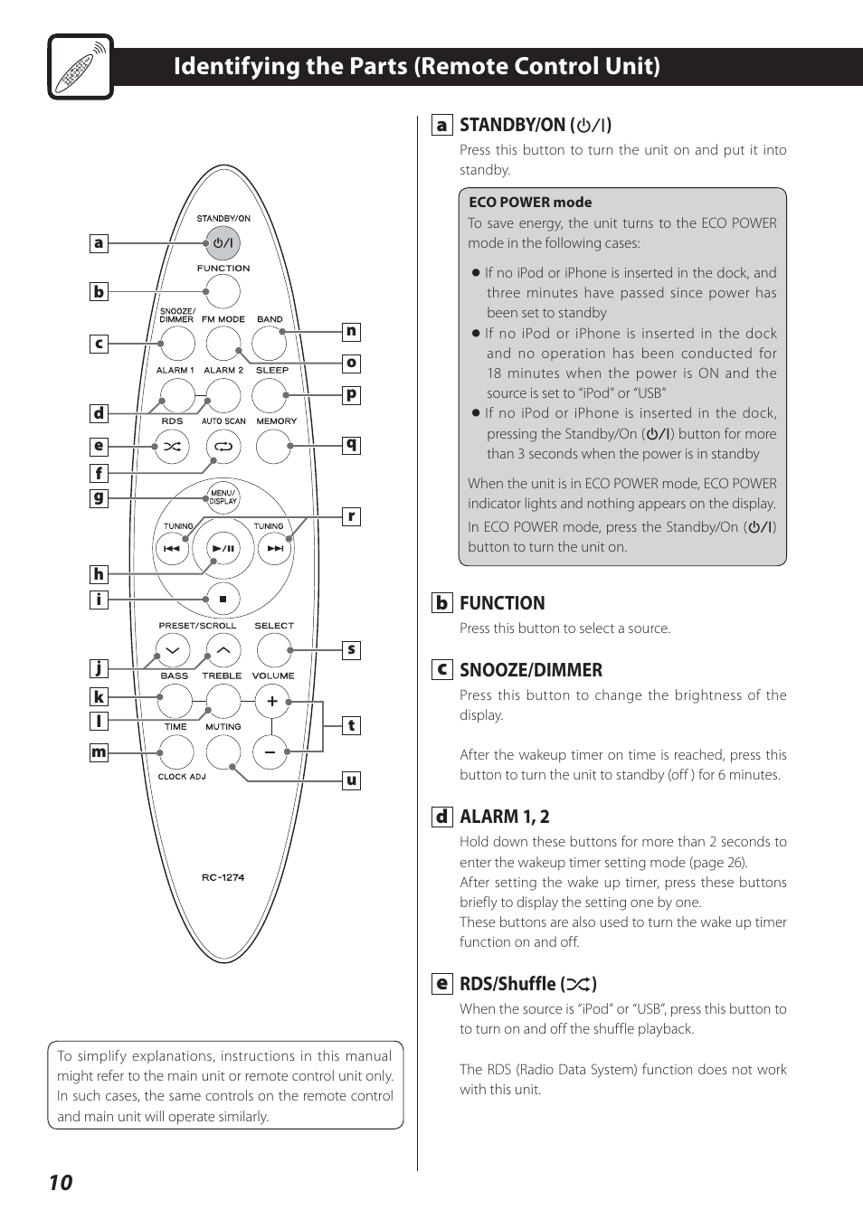 Identifying the parts (remote control unit) | Teac STEREO COMPACT SR-80I User Manual | Page 10 / 84