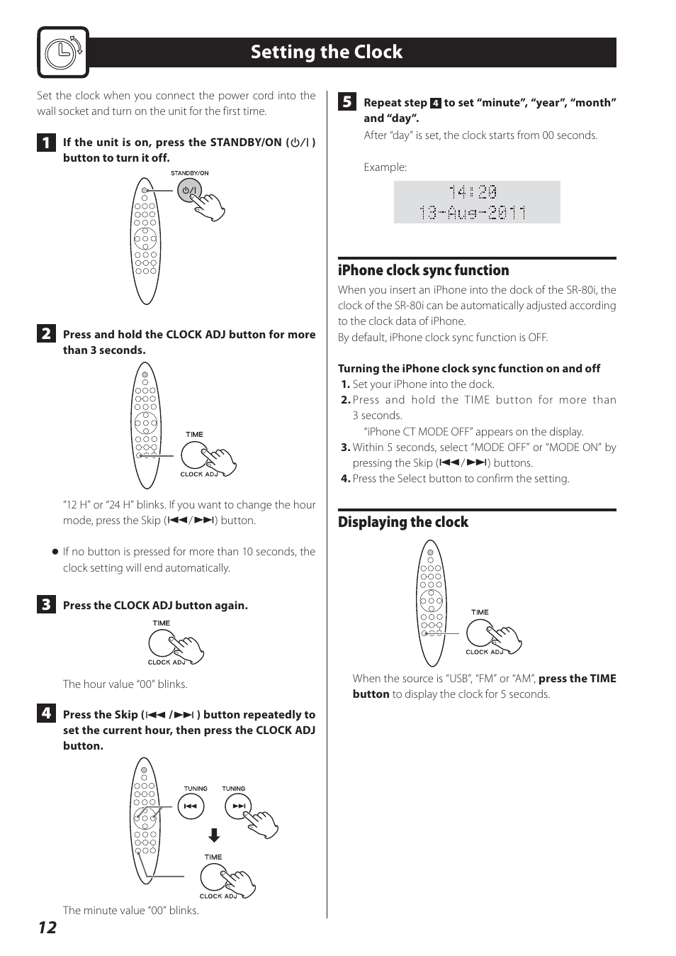 Setting the clock, Iphone clock sync function, Displaying the clock | Teac STEREO COMPACT SR-80I User Manual | Page 12 / 84