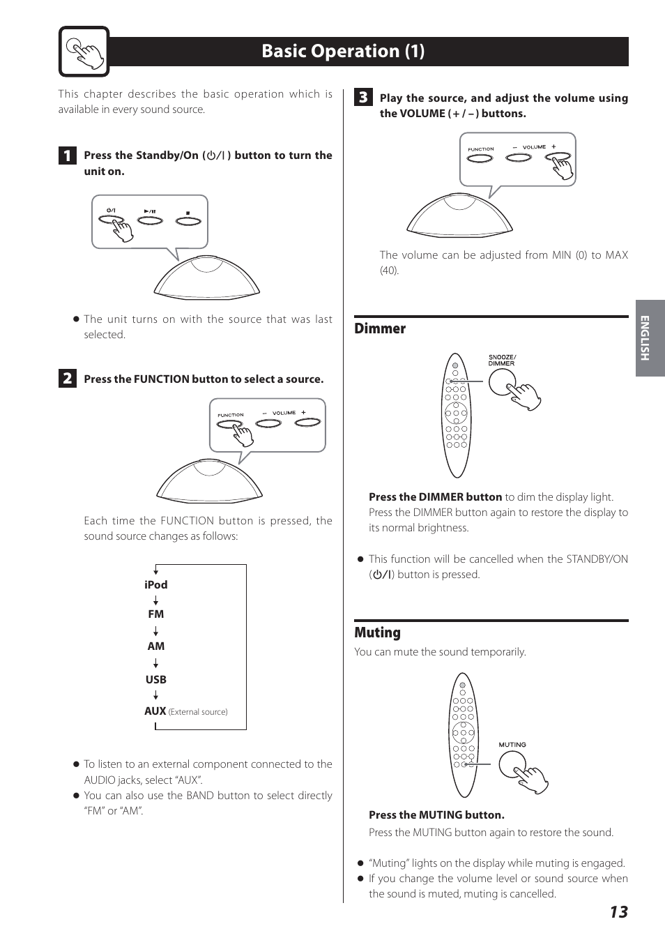 Basic operation, Basic operation (1), Dimmer | Muting | Teac STEREO COMPACT SR-80I User Manual | Page 13 / 84