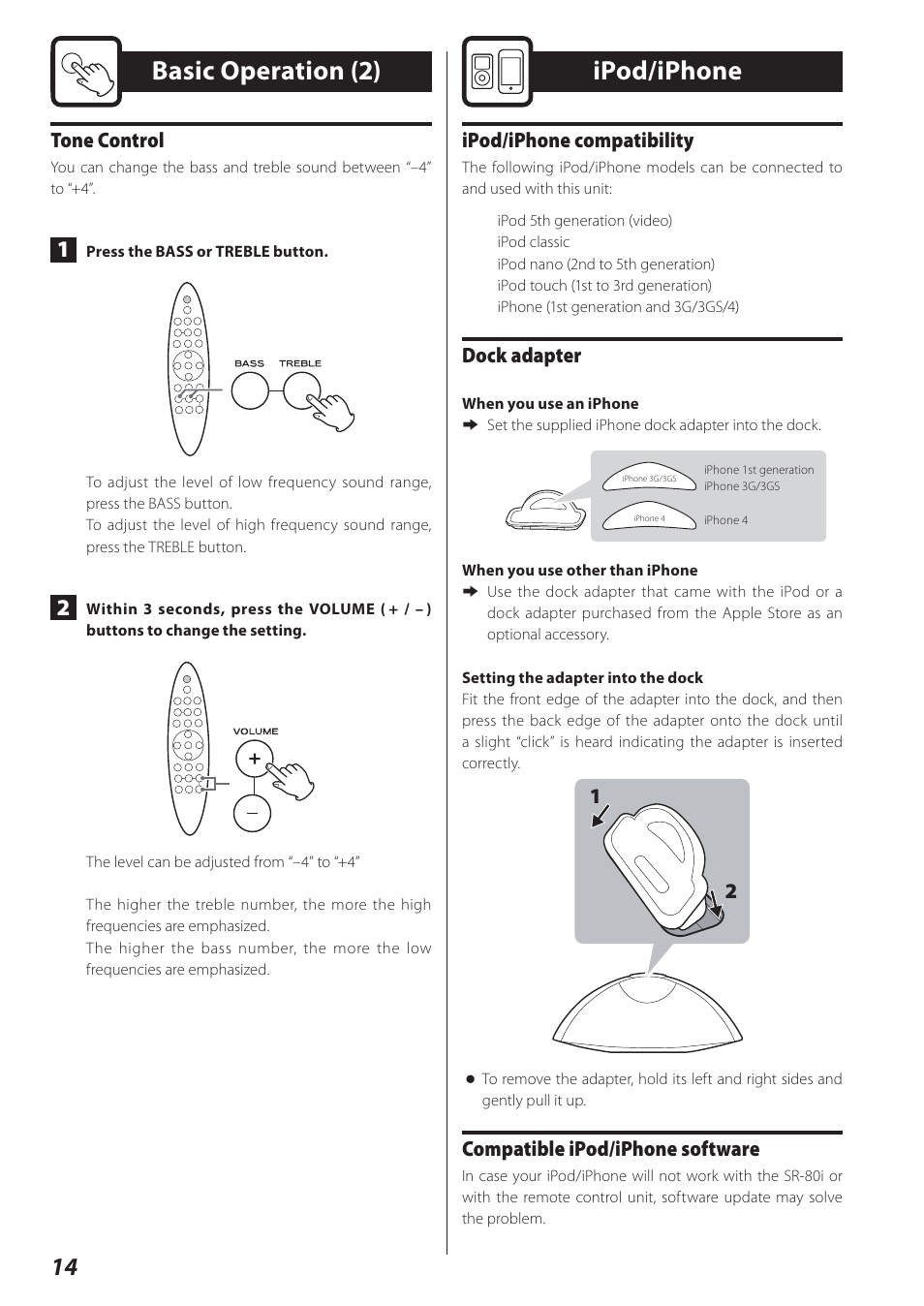 Ipod/iphone, Basic operation (2), Tone control | Ipod/iphone compatibility, Dock adapter, Compatible ipod/iphone software | Teac STEREO COMPACT SR-80I User Manual | Page 14 / 84