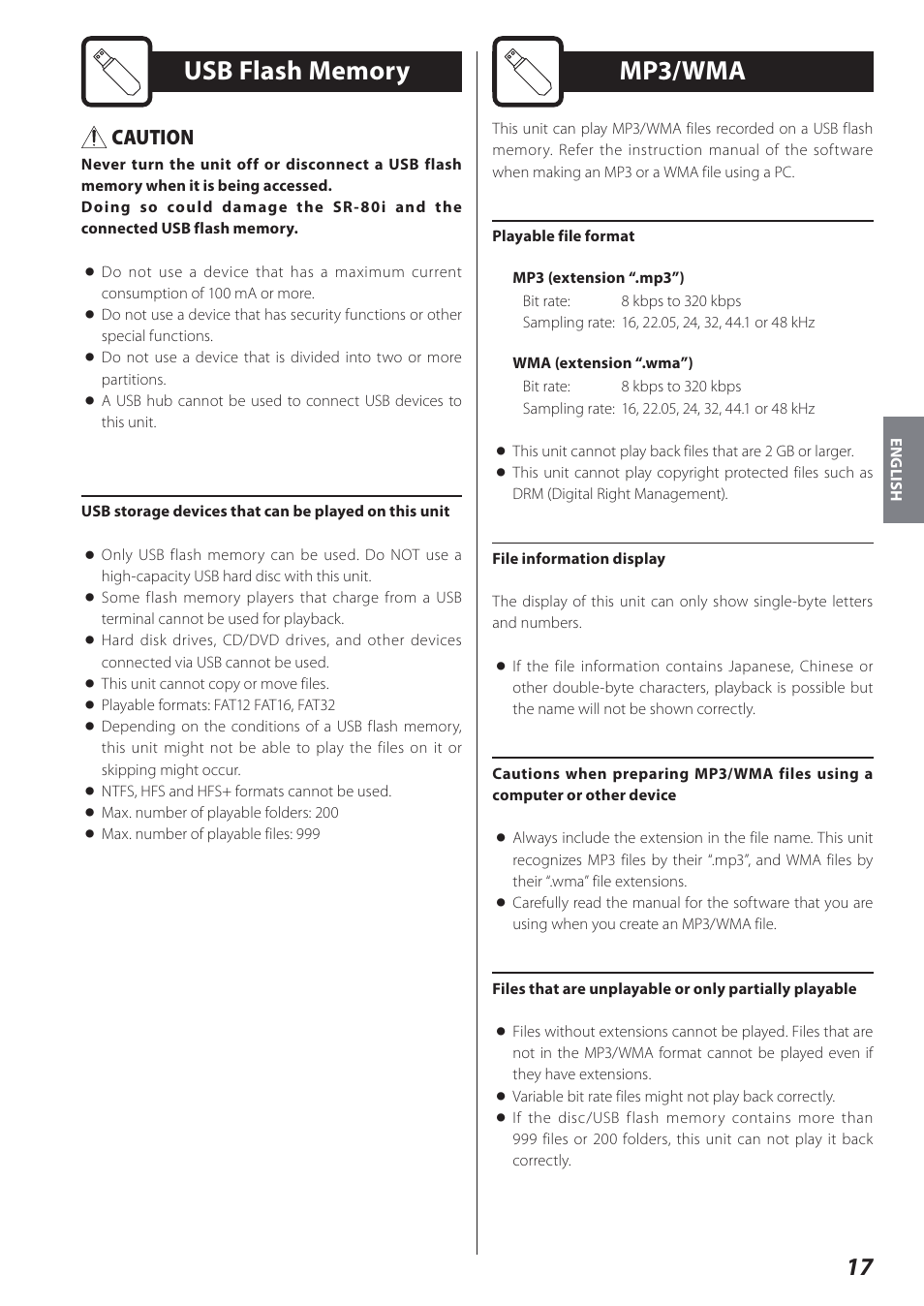 Usb flash memory, Mp3/wma, Caution | Teac STEREO COMPACT SR-80I User Manual | Page 17 / 84