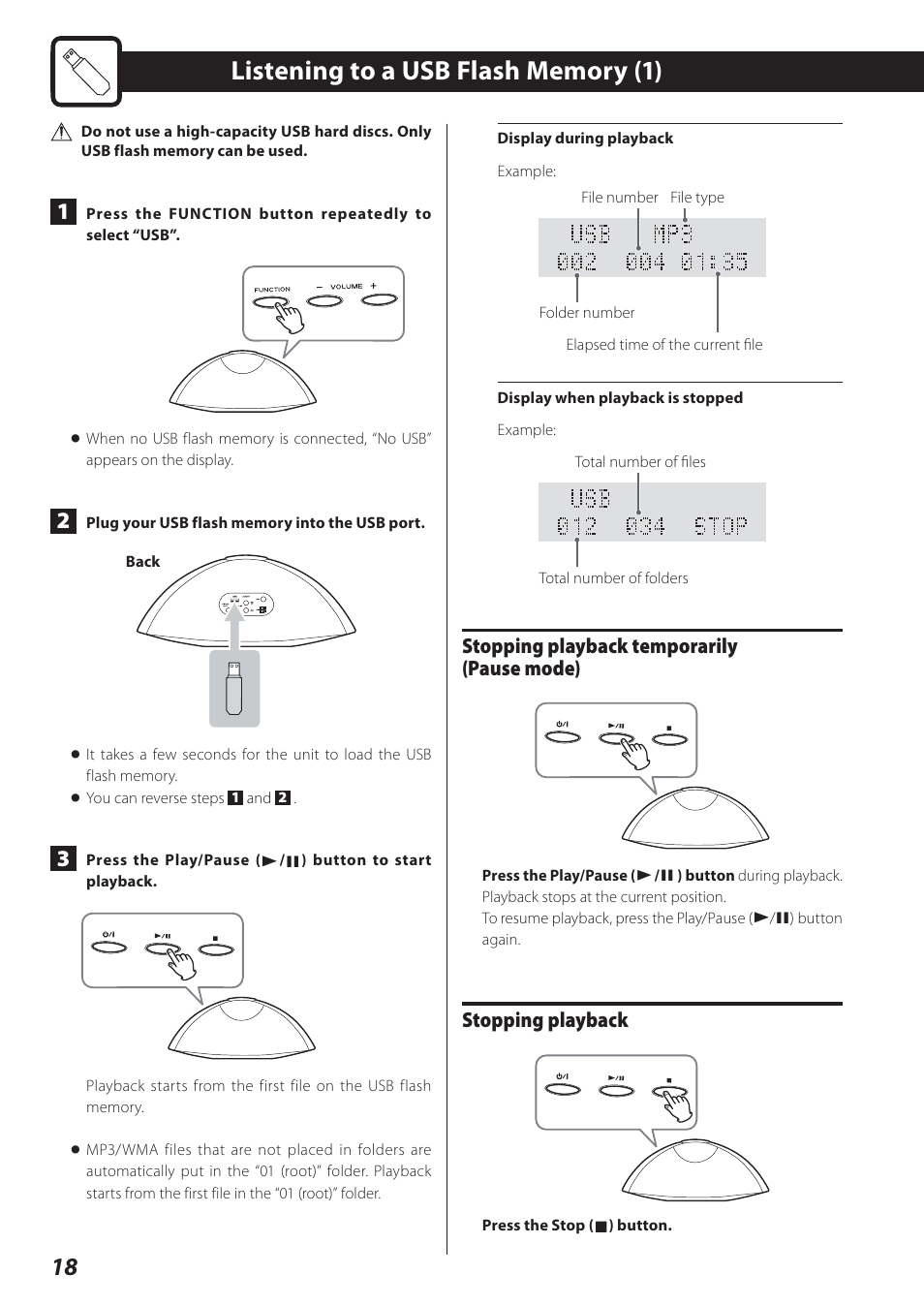 Listening to a usb flash memory, Stopping playback temporarily (pause mode), Stopping playback | Teac STEREO COMPACT SR-80I User Manual | Page 18 / 84