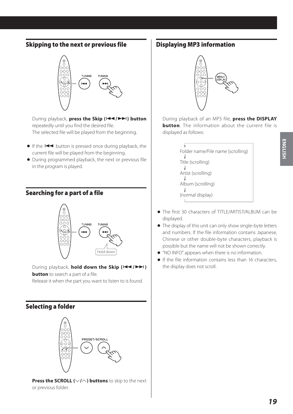 Skipping to the next or previous file, Searching for a part of a file, Selecting a folder | Displaying mp3 information | Teac STEREO COMPACT SR-80I User Manual | Page 19 / 84