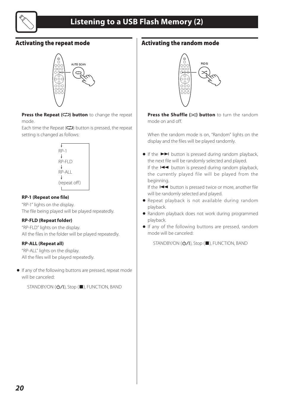 Activating the repeat mode, Activating the random mode | Teac STEREO COMPACT SR-80I User Manual | Page 20 / 84