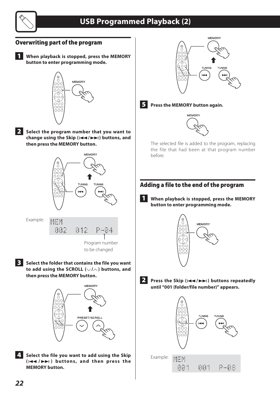 Usb programmed playback (2), Overwriting part of the program, Adding a file to the end of the program | Teac STEREO COMPACT SR-80I User Manual | Page 22 / 84