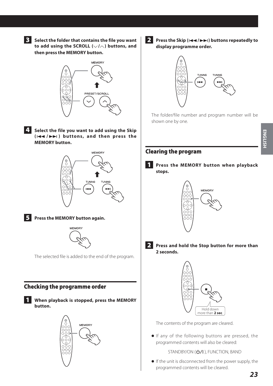 Checking the programme order, Clearing the program | Teac STEREO COMPACT SR-80I User Manual | Page 23 / 84