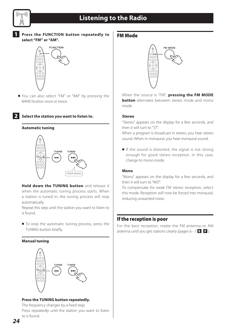 Listening to the radio, Fm mode, If the reception is poor | Teac STEREO COMPACT SR-80I User Manual | Page 24 / 84