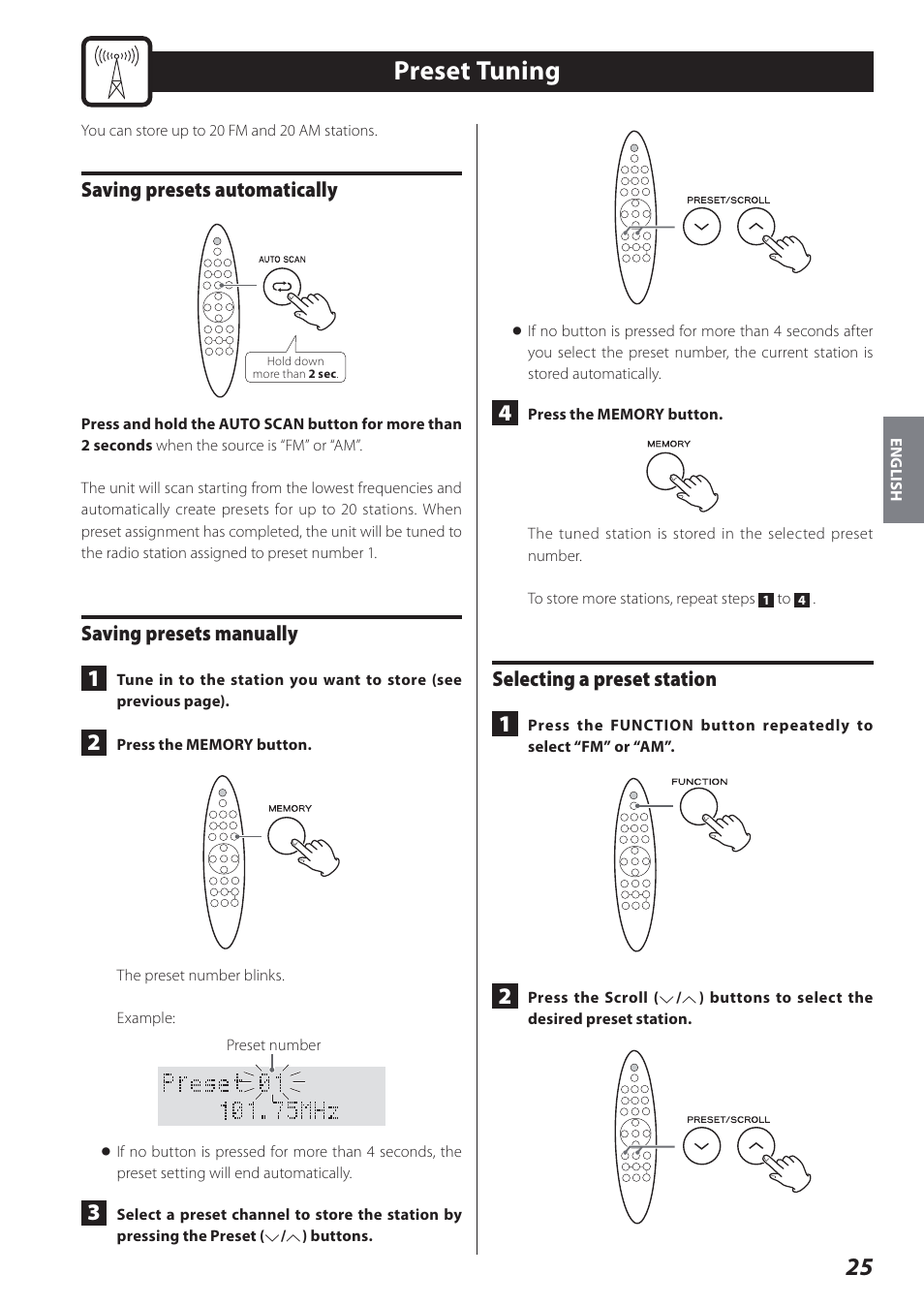 Preset tuning, Saving presets automatically, Saving presets manually | Selecting a preset station | Teac STEREO COMPACT SR-80I User Manual | Page 25 / 84