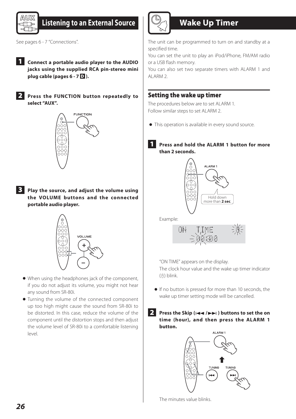 Listening to an external source, Wake up timer, Setting the wake up timer | Teac STEREO COMPACT SR-80I User Manual | Page 26 / 84