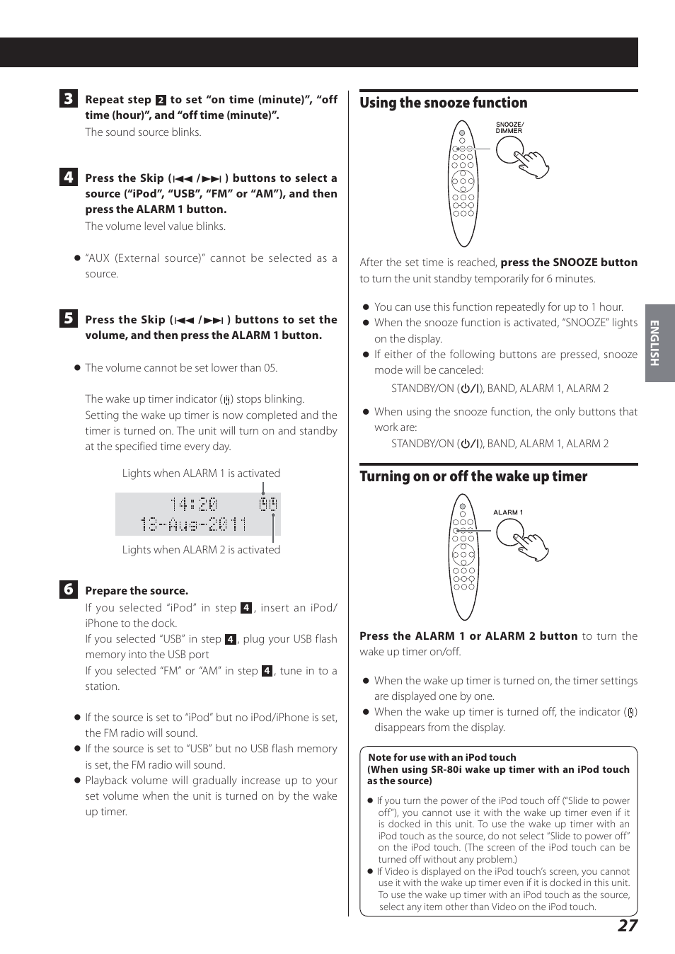 Using the snooze function, Turning on or off the wake up timer | Teac STEREO COMPACT SR-80I User Manual | Page 27 / 84