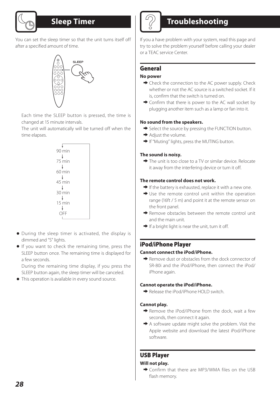 Sleep timer, Troubleshooting, General | Ipod/iphone player, Usb player | Teac STEREO COMPACT SR-80I User Manual | Page 28 / 84