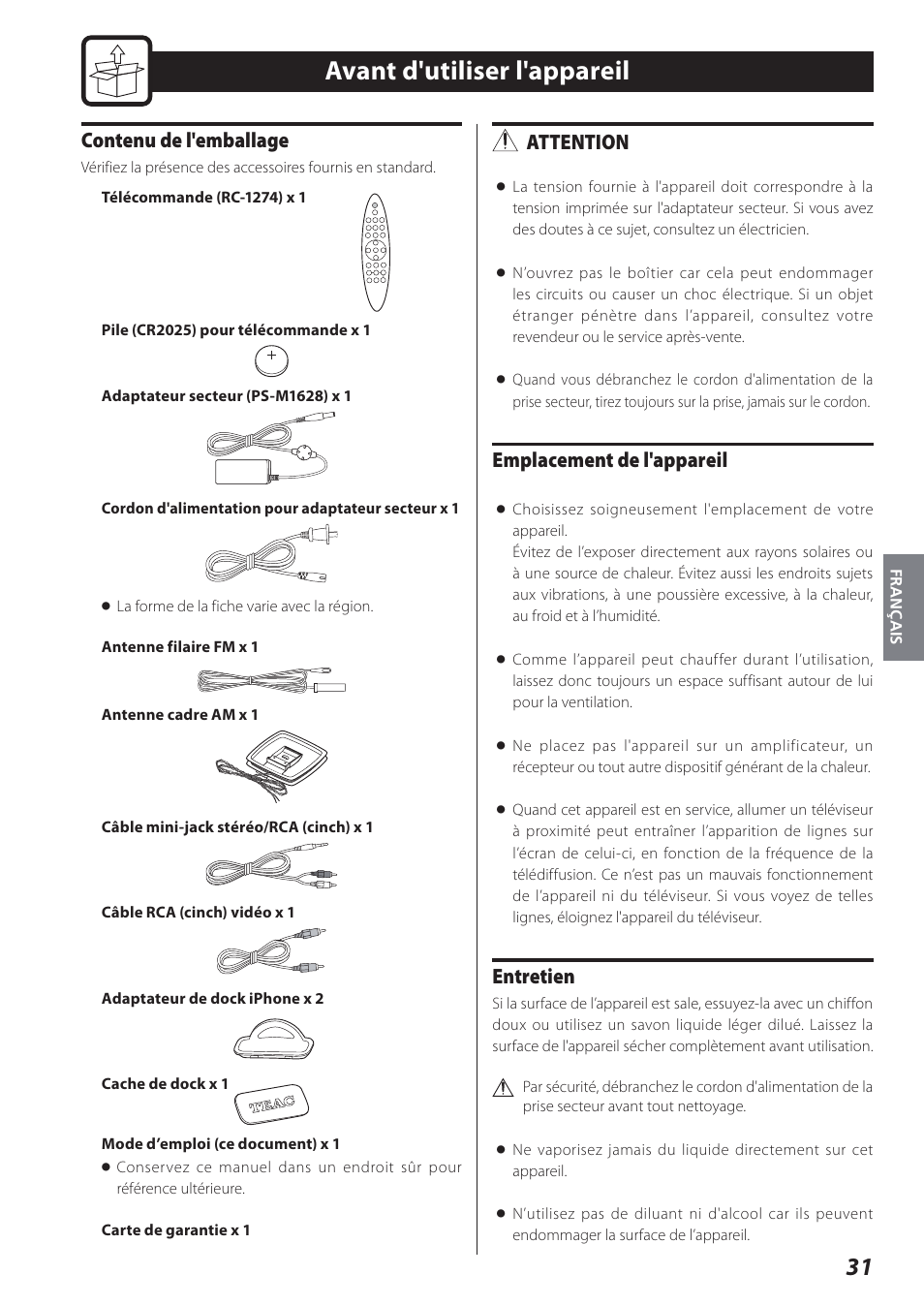 Avant d'utiliser l'appareil, Contenu de l'emballage, Attention | Emplacement de l'appareil, Entretien | Teac STEREO COMPACT SR-80I User Manual | Page 31 / 84