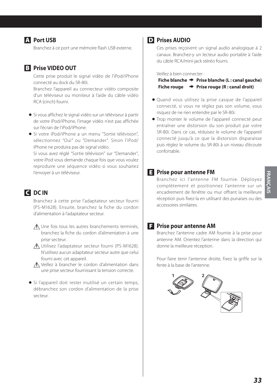 Aport usb, Bprise video out, Cdc in | Dprises audio, Eprise pour antenne fm, Fprise pour antenne am | Teac STEREO COMPACT SR-80I User Manual | Page 33 / 84