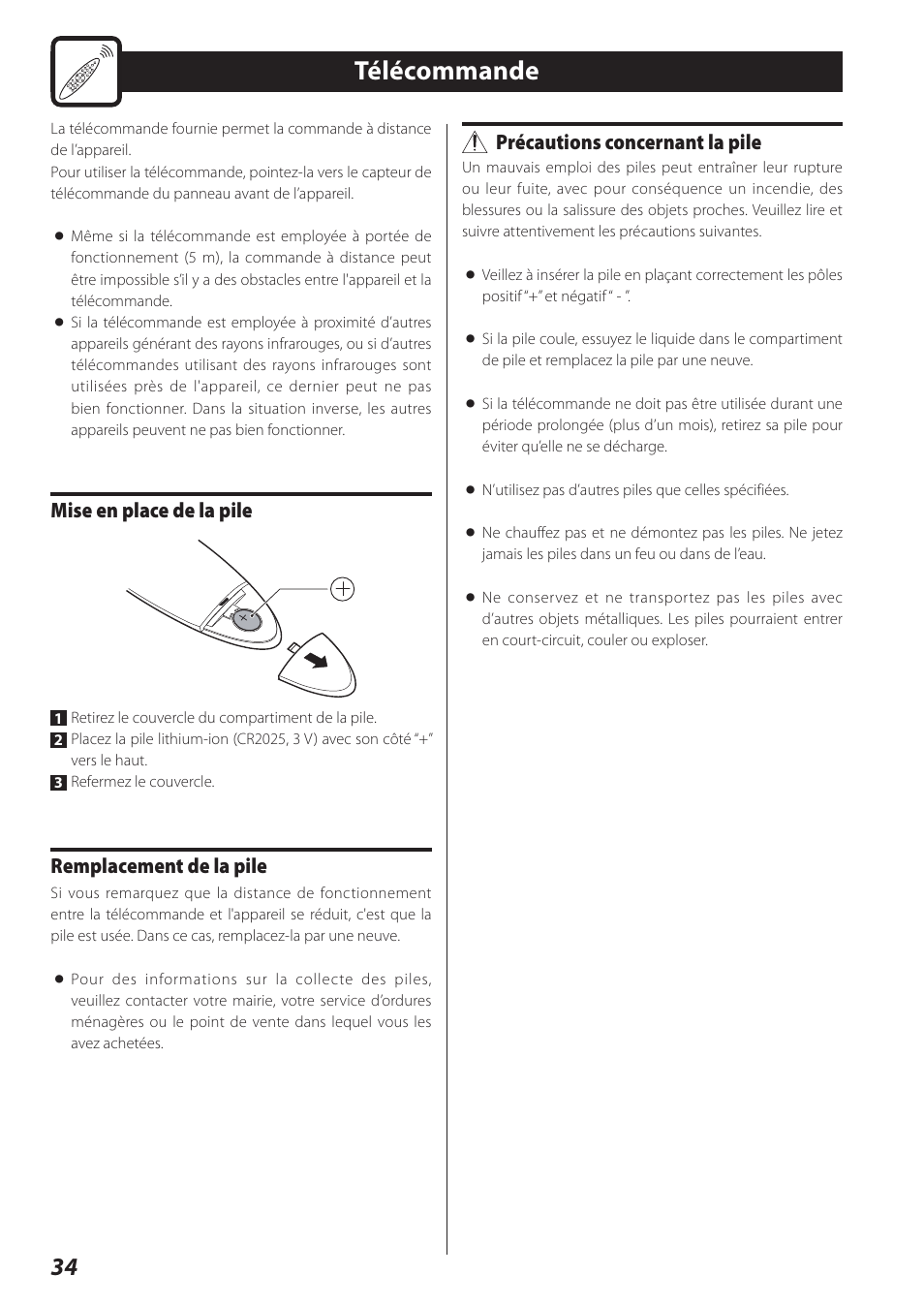 Télécommande, Mise en place de la pile, Remplacement de la pile | Précautions concernant la pile | Teac STEREO COMPACT SR-80I User Manual | Page 34 / 84