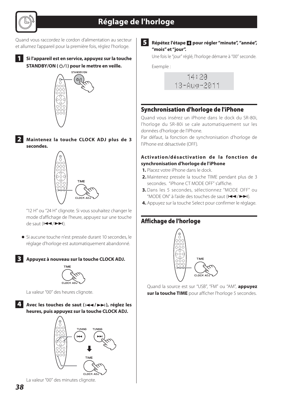 Réglage de l'horloge, Synchronisation d'horloge de l'iphone, Affichage de l'horloge | Teac STEREO COMPACT SR-80I User Manual | Page 38 / 84