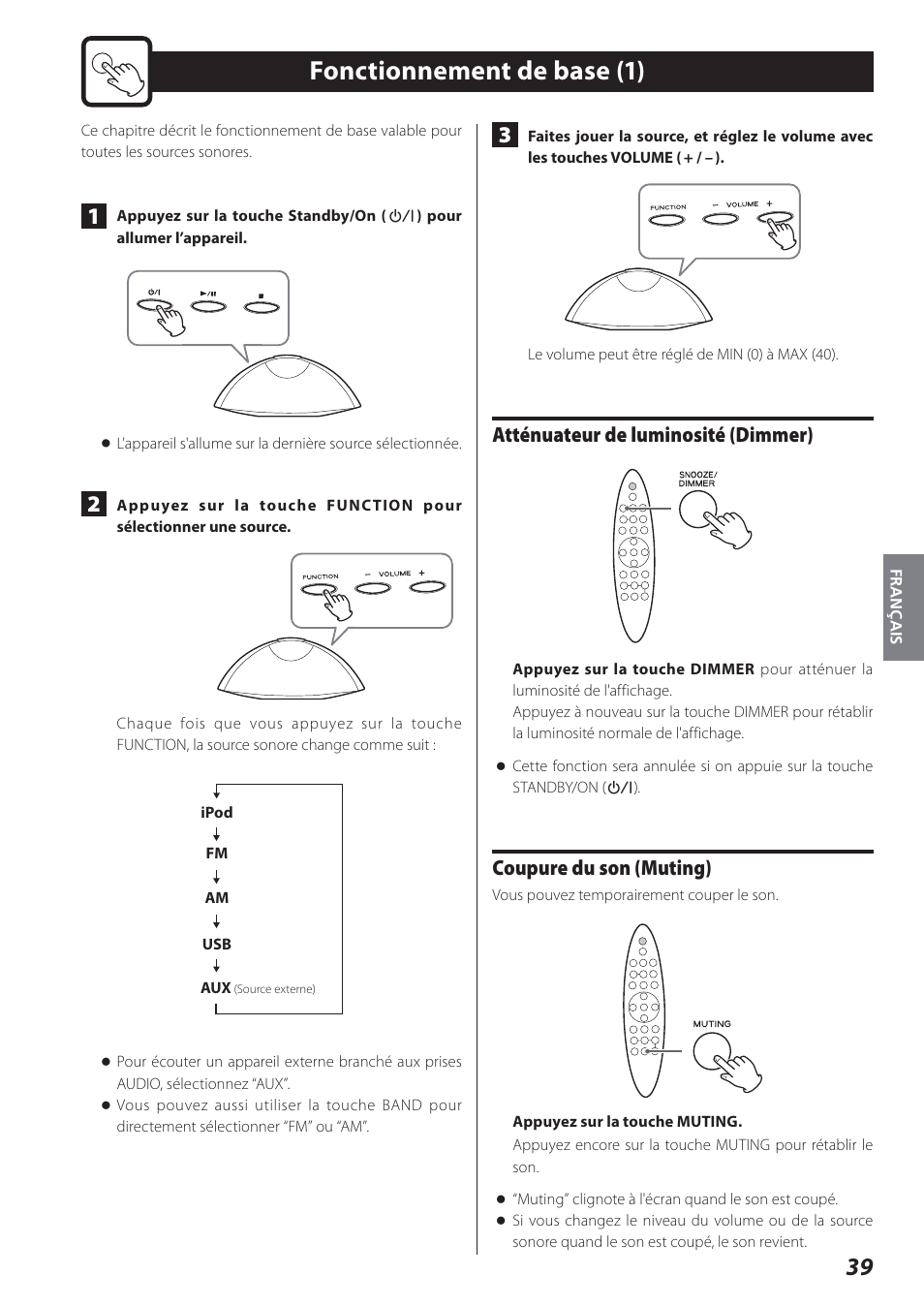 Fonctionnement de base, Fonctionnement de base (1), Atténuateur de luminosité (dimmer) | Coupure du son (muting) | Teac STEREO COMPACT SR-80I User Manual | Page 39 / 84