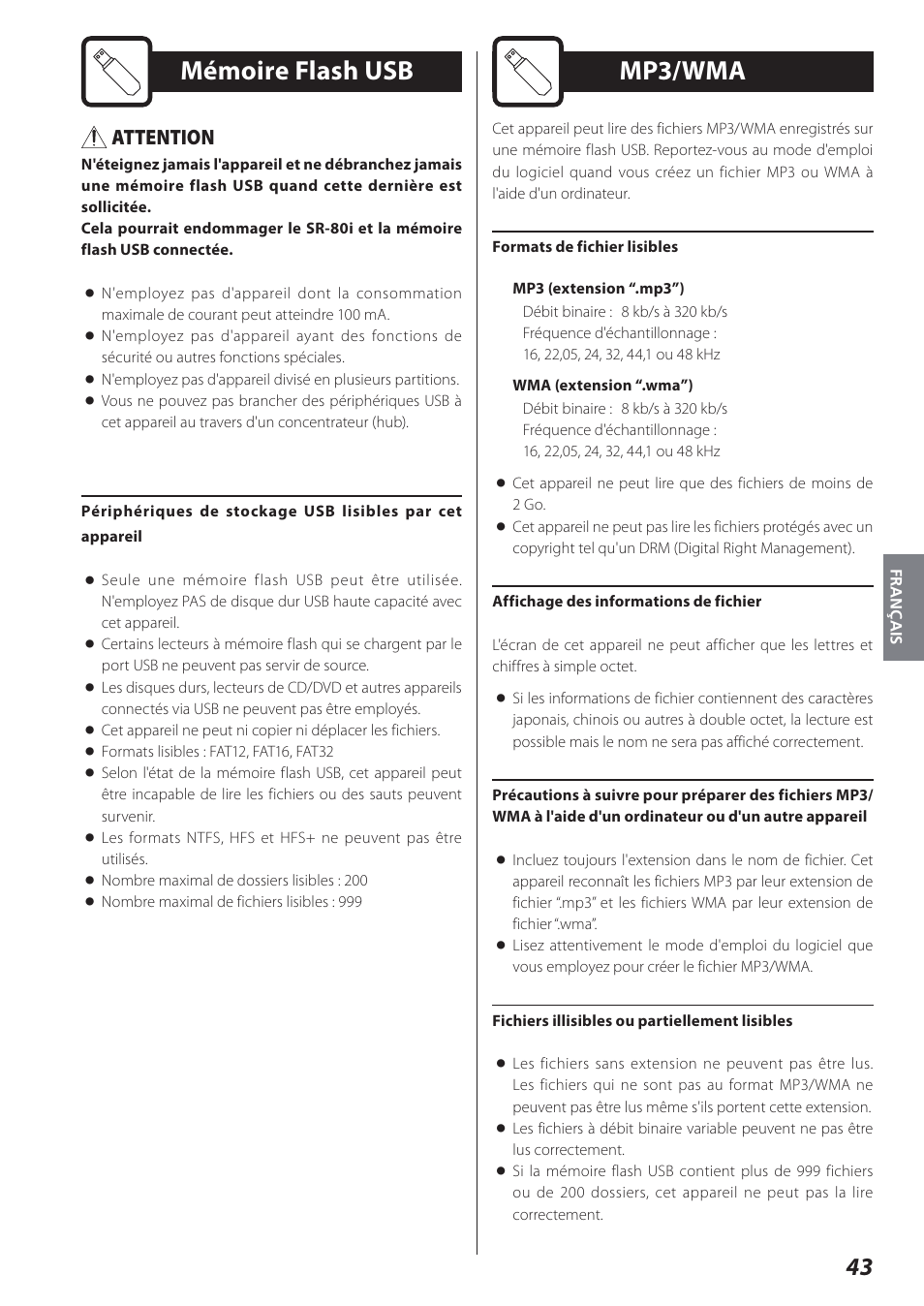 Mémoire flash usb, Mp3/wma, Attention | Teac STEREO COMPACT SR-80I User Manual | Page 43 / 84