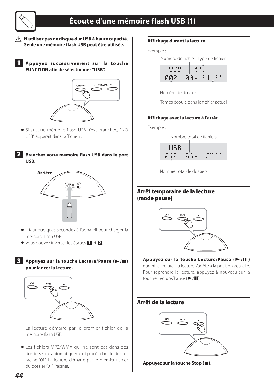 Écoute d'une mémoire flash usb, Écoute d'une mémoire flash usb (1), Arrêt temporaire de la lecture (mode pause) | Arrêt de la lecture | Teac STEREO COMPACT SR-80I User Manual | Page 44 / 84