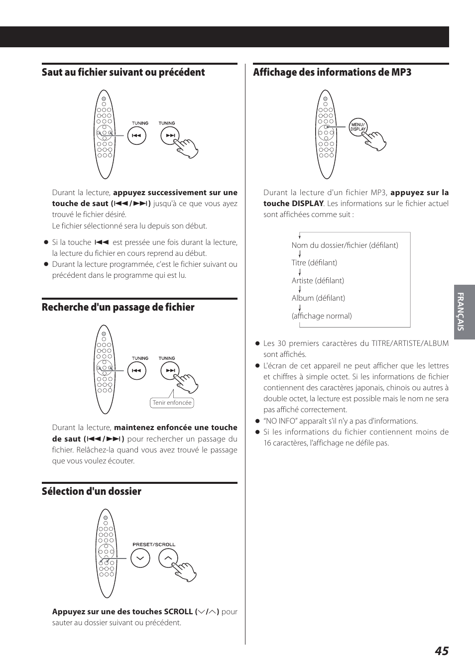 Saut au fichier suivant ou précédent, Recherche d'un passage de fichier, Sélection d'un dossier | Affichage des informations de mp3 | Teac STEREO COMPACT SR-80I User Manual | Page 45 / 84