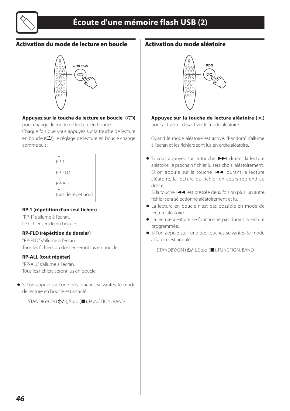 Écoute d'une mémoire flash usb (2), Activation du mode de lecture en boucle, Activation du mode aléatoire | Teac STEREO COMPACT SR-80I User Manual | Page 46 / 84