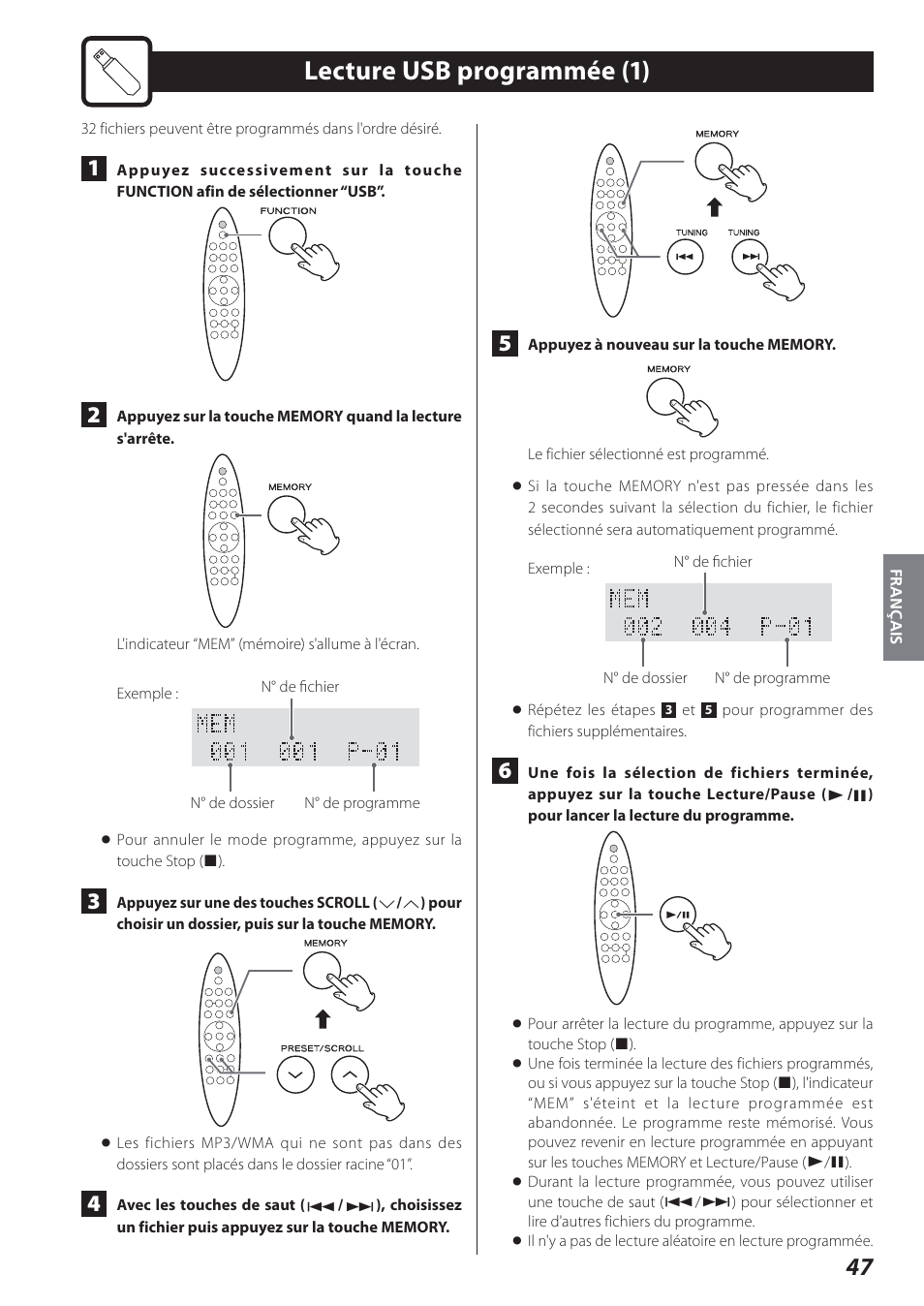 Lecture usb programmée, Lecture usb programmée (1) | Teac STEREO COMPACT SR-80I User Manual | Page 47 / 84