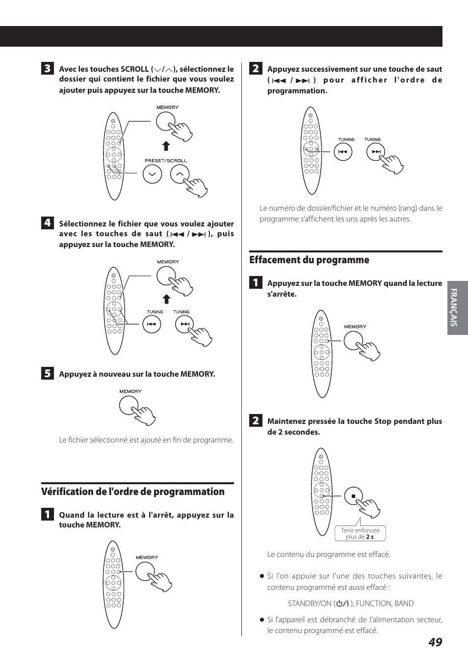 Vérification de l'ordre de programmation, Effacement du programme | Teac STEREO COMPACT SR-80I User Manual | Page 49 / 84