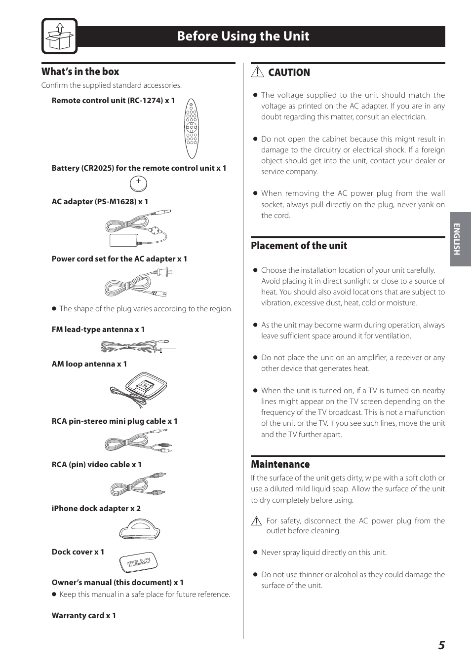 Before using the unit, What’s in the box, Caution | Placement of the unit, Maintenance | Teac STEREO COMPACT SR-80I User Manual | Page 5 / 84