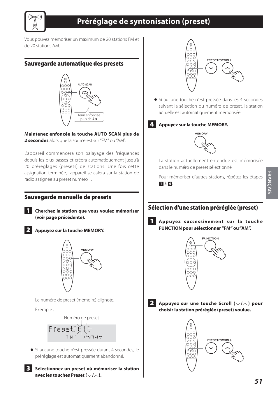 Préréglage de syntonisation (preset), Sauvegarde automatique des presets, Sauvegarde manuelle de presets | Sélection d'une station préréglée (preset) | Teac STEREO COMPACT SR-80I User Manual | Page 51 / 84