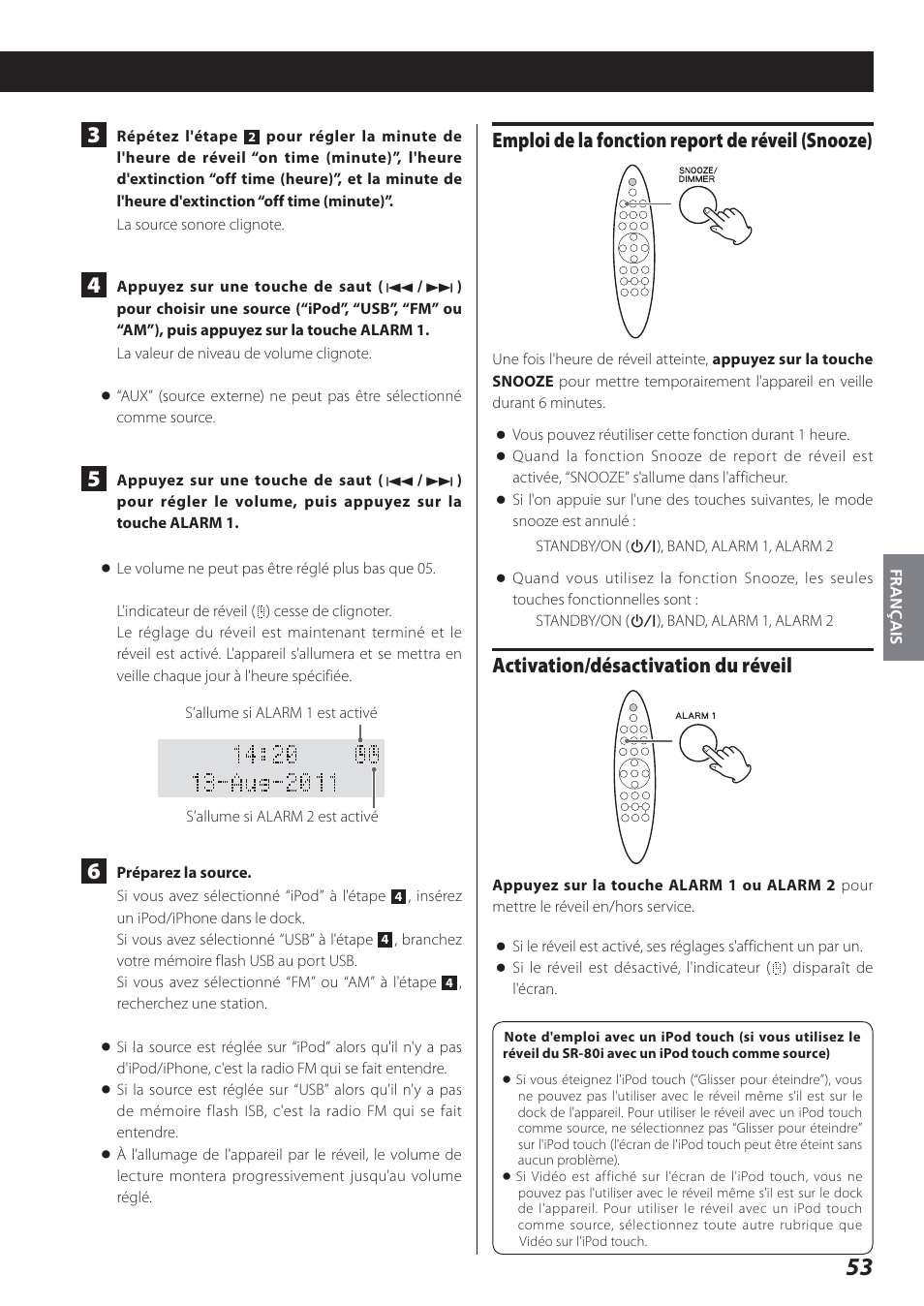 Emploi de la fonction report de réveil (snooze), Activation/désactivation du réveil | Teac STEREO COMPACT SR-80I User Manual | Page 53 / 84