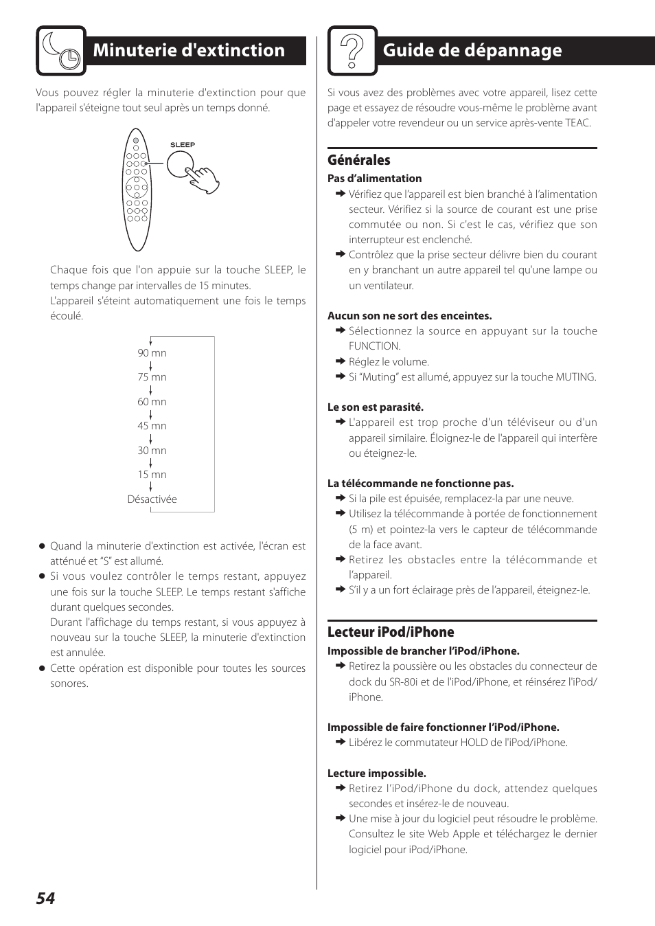 Minuterie d'extinction, Guide de dépannage, Générales | Lecteur ipod/iphone | Teac STEREO COMPACT SR-80I User Manual | Page 54 / 84