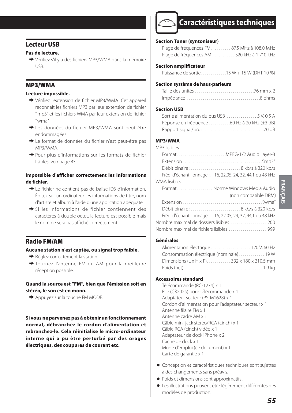 Caractéristiques techniques, Lecteur usb, Mp3/wma | Radio fm/am | Teac STEREO COMPACT SR-80I User Manual | Page 55 / 84