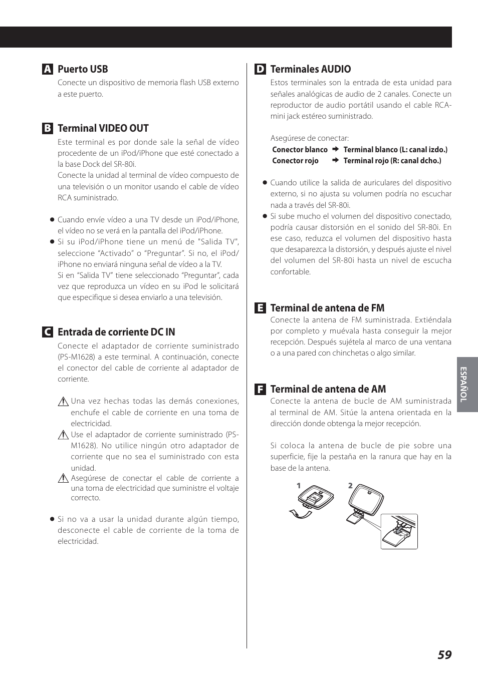 Apuerto usb, Bterminal video out, Centrada de corriente dc in | Dterminales audio, Eterminal de antena de fm, Fterminal de antena de am | Teac STEREO COMPACT SR-80I User Manual | Page 59 / 84