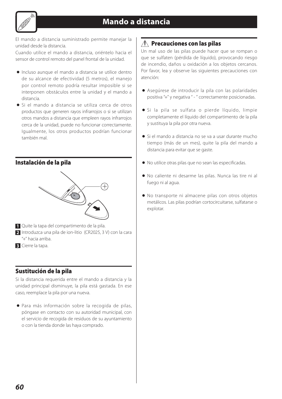 Mando a distancia, Instalación de la pila, Sustitución de la pila | Precauciones con las pilas | Teac STEREO COMPACT SR-80I User Manual | Page 60 / 84