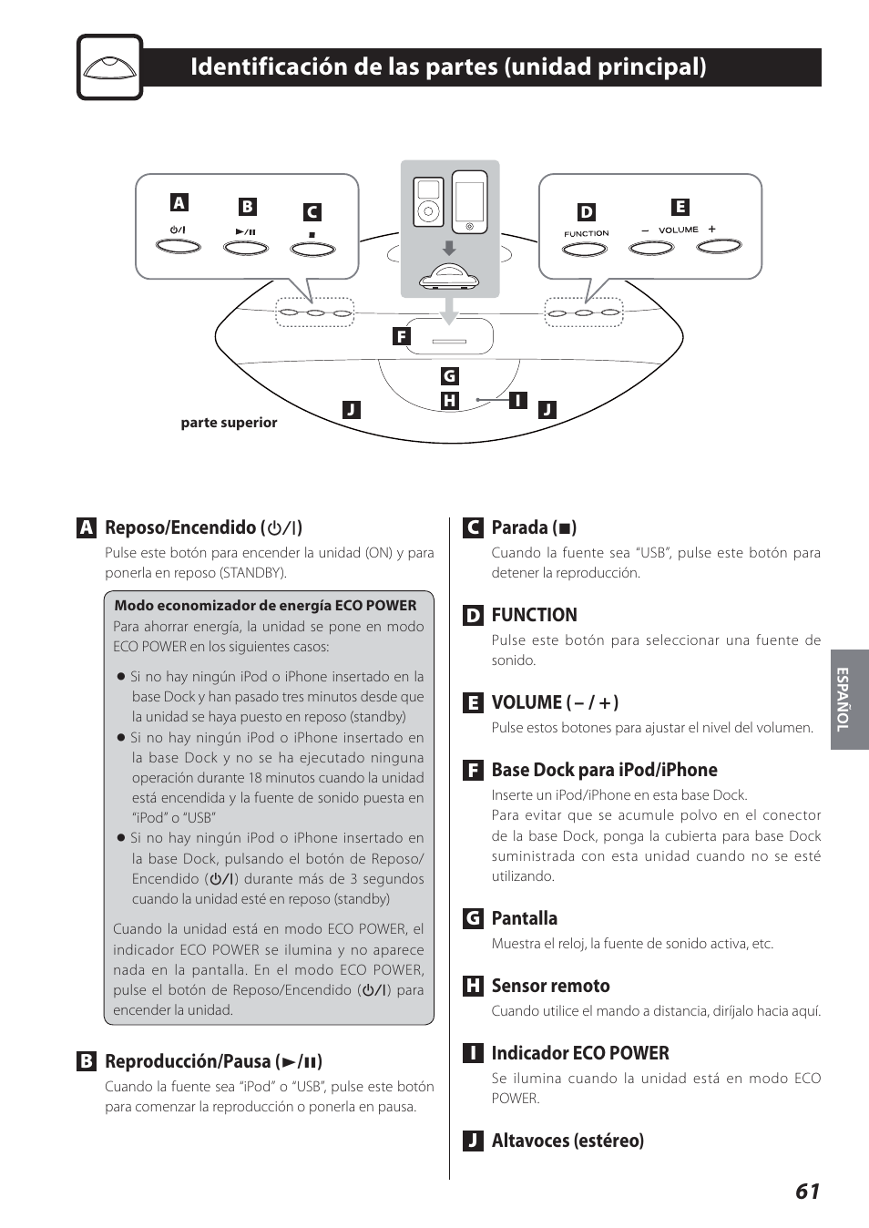 Identificación de las partes (unidad principal) | Teac STEREO COMPACT SR-80I User Manual | Page 61 / 84