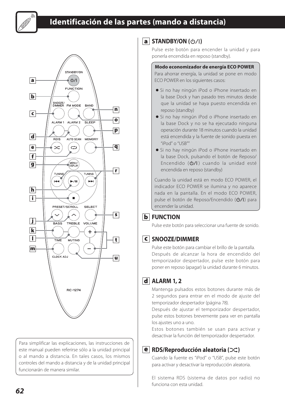 Identificación de las partes (mando a distancia) | Teac STEREO COMPACT SR-80I User Manual | Page 62 / 84