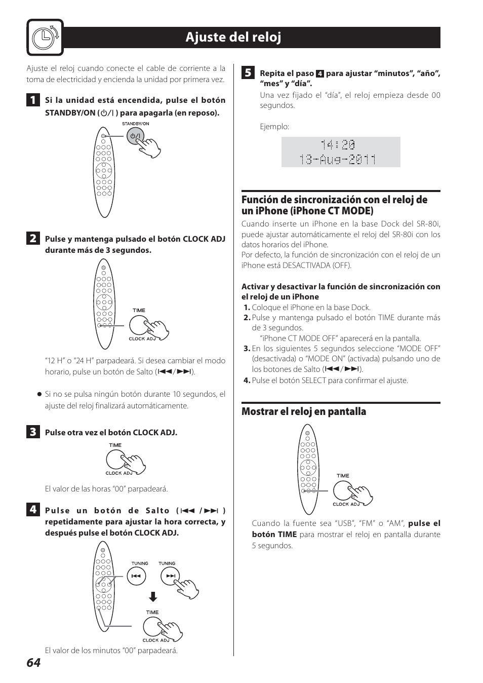 Ajuste del reloj, Mostrar el reloj en pantalla | Teac STEREO COMPACT SR-80I User Manual | Page 64 / 84