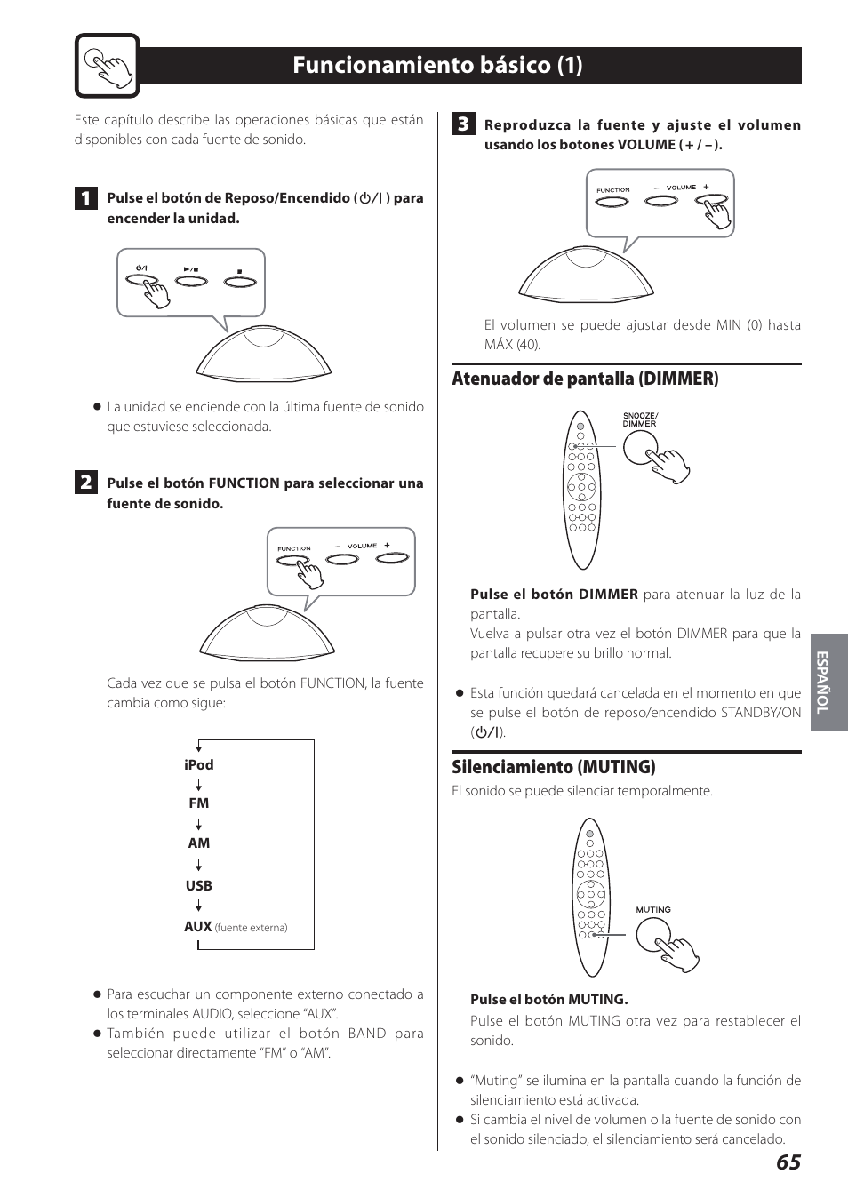 Funcionamiento básico, Funcionamiento básico (1), Atenuador de pantalla (dimmer) | Silenciamiento (muting) | Teac STEREO COMPACT SR-80I User Manual | Page 65 / 84