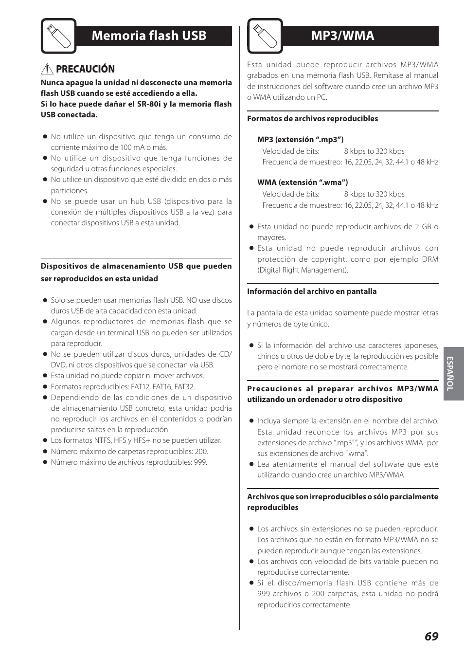 Memoria flash usb, Mp3/wma, Precaución | Teac STEREO COMPACT SR-80I User Manual | Page 69 / 84