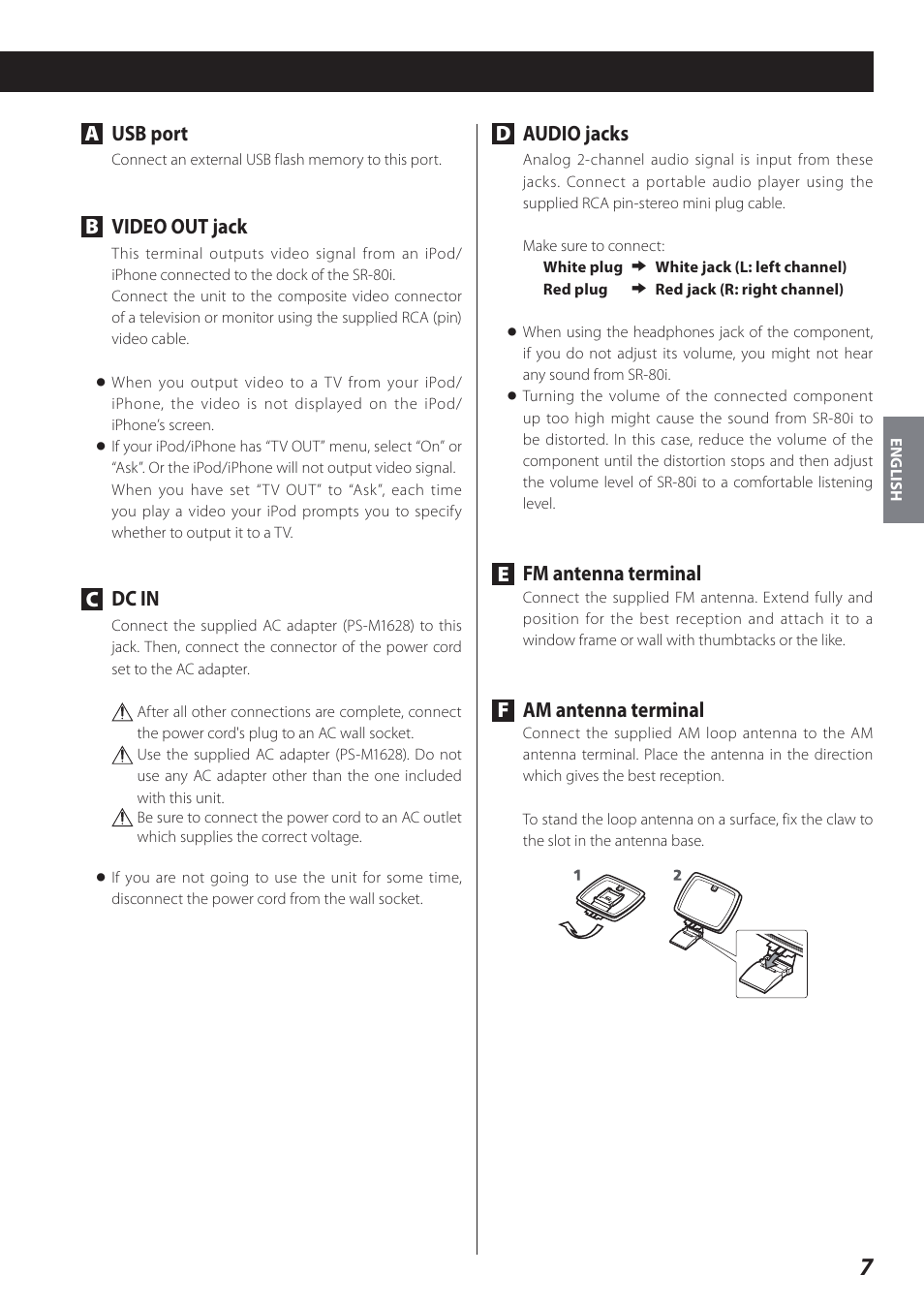Ausb port, Bvideo out jack, Cdc in | Daudio jacks, Efm antenna terminal, Fam antenna terminal | Teac STEREO COMPACT SR-80I User Manual | Page 7 / 84