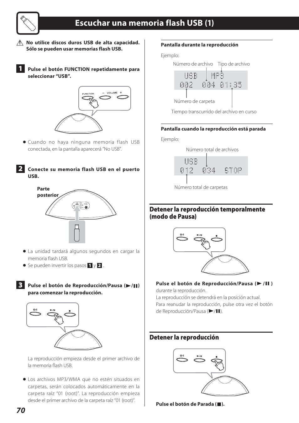 Escuchar una memoria flash usb, Detener la reproducción | Teac STEREO COMPACT SR-80I User Manual | Page 70 / 84