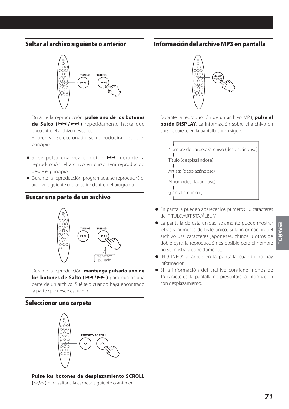 Saltar al archivo siguiente o anterior, Buscar una parte de un archivo, Seleccionar una carpeta | Información del archivo mp3 en pantalla | Teac STEREO COMPACT SR-80I User Manual | Page 71 / 84