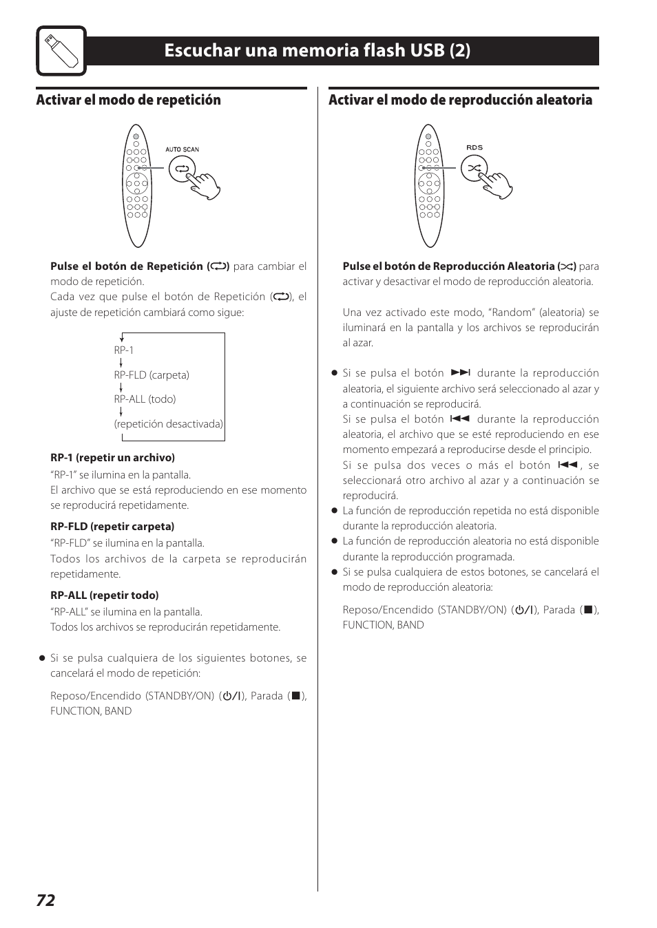 Activar el modo de repetición, Activar el modo de reproducción aleatoria | Teac STEREO COMPACT SR-80I User Manual | Page 72 / 84