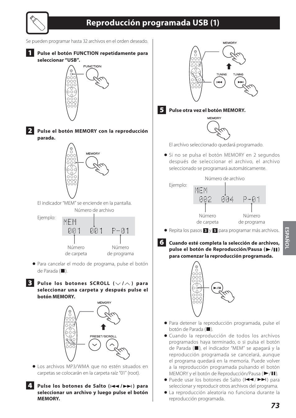 Reproducción programada usb, Reproducción programada usb (1) | Teac STEREO COMPACT SR-80I User Manual | Page 73 / 84