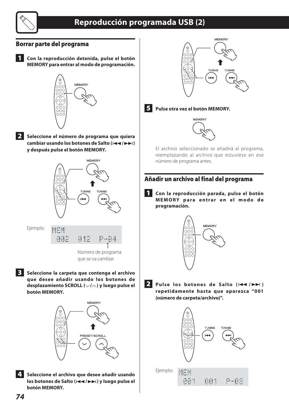 Reproducción programada usb (2), Borrar parte del programa, Añadir un archivo al final del programa | Teac STEREO COMPACT SR-80I User Manual | Page 74 / 84