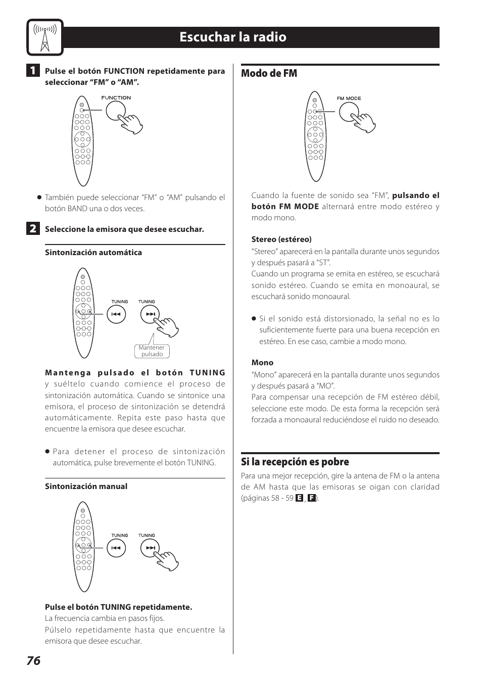 Escuchar la radio, Modo de fm, Si la recepción es pobre | Teac STEREO COMPACT SR-80I User Manual | Page 76 / 84