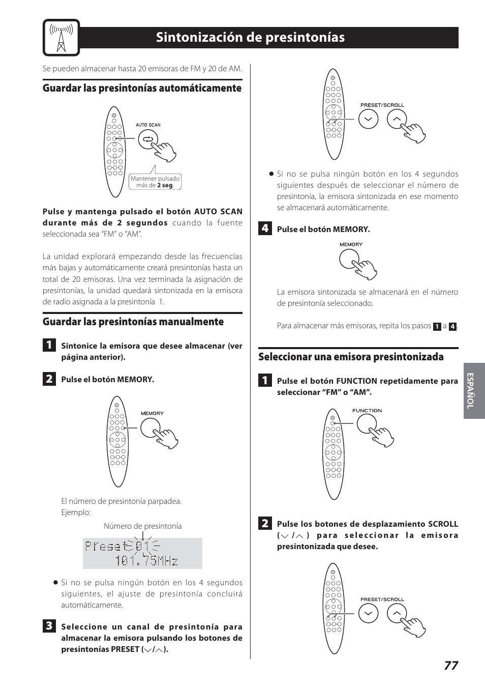 Sintonización de presintonías, Guardar las presintonías automáticamente, Guardar las presintonías manualmente | Seleccionar una emisora presintonizada | Teac STEREO COMPACT SR-80I User Manual | Page 77 / 84