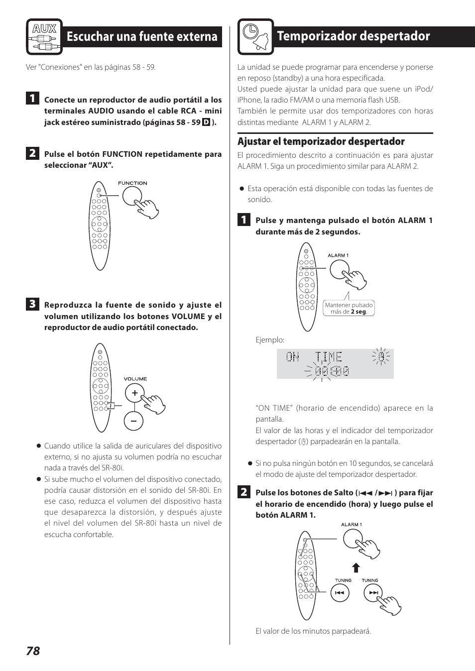 Escuchar una fuente externa, Temporizador despertador, Ajustar el temporizador despertador | Teac STEREO COMPACT SR-80I User Manual | Page 78 / 84