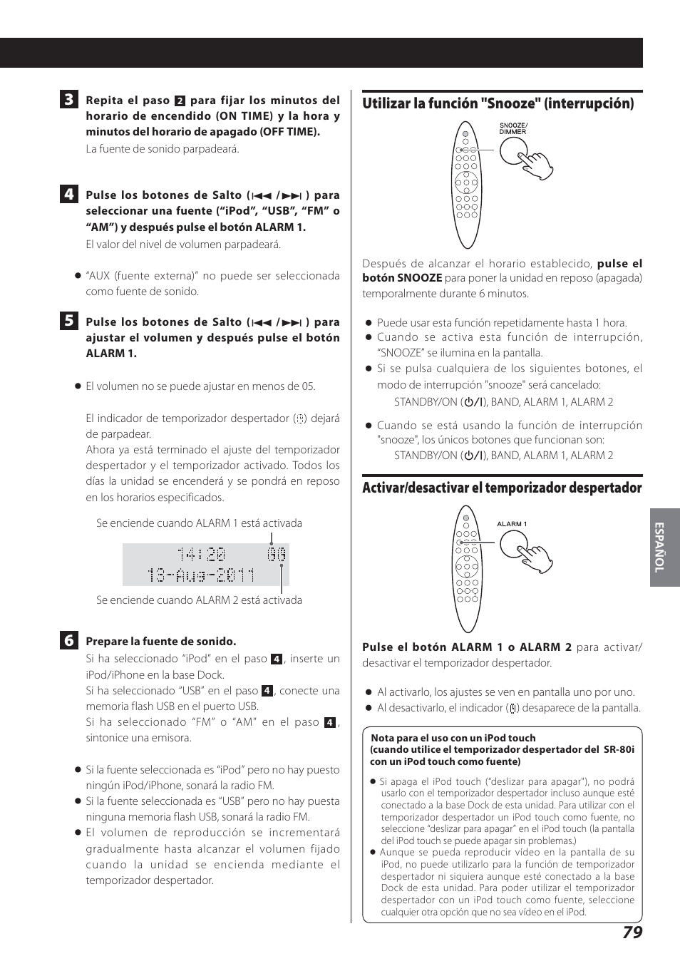 Utilizar la función "snooze" (interrupción), Activar/desactivar el temporizador despertador | Teac STEREO COMPACT SR-80I User Manual | Page 79 / 84